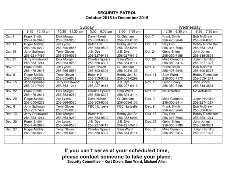 Security Patrol Schedule: Oct-Dec 2015 | PDF