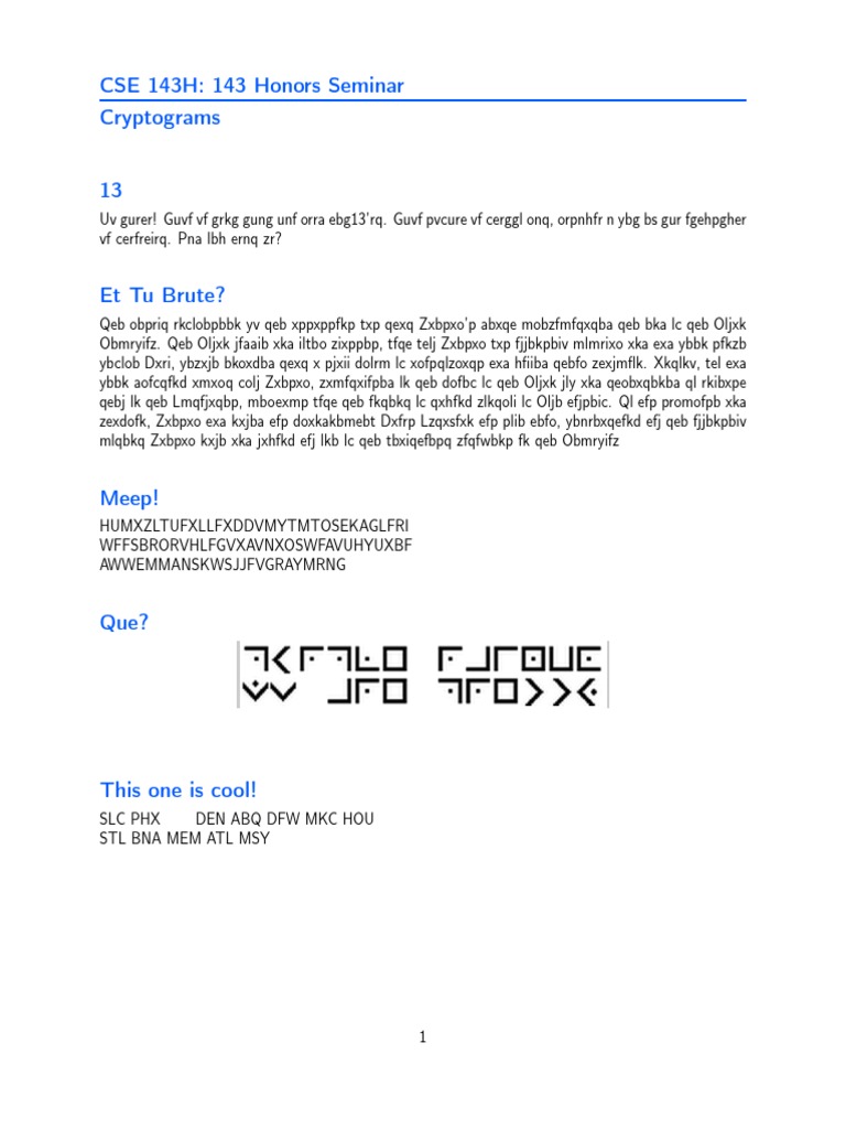 CSE 143H Honors Seminar Cryptograms | PDF