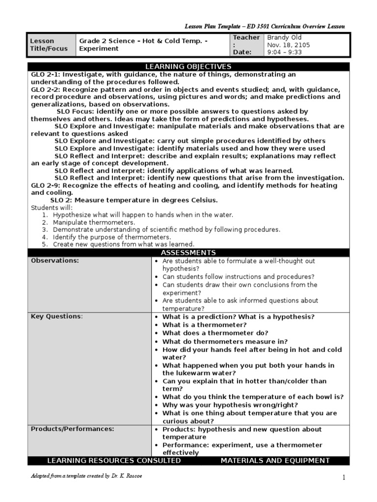 Learning Objectives: Lesson Plan Template - ED 3501 Curriculum Overview ...