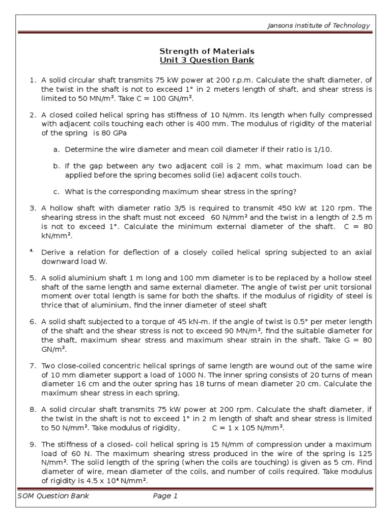 Strength of Materials Unit 3 Question Bank Jansons Institute of