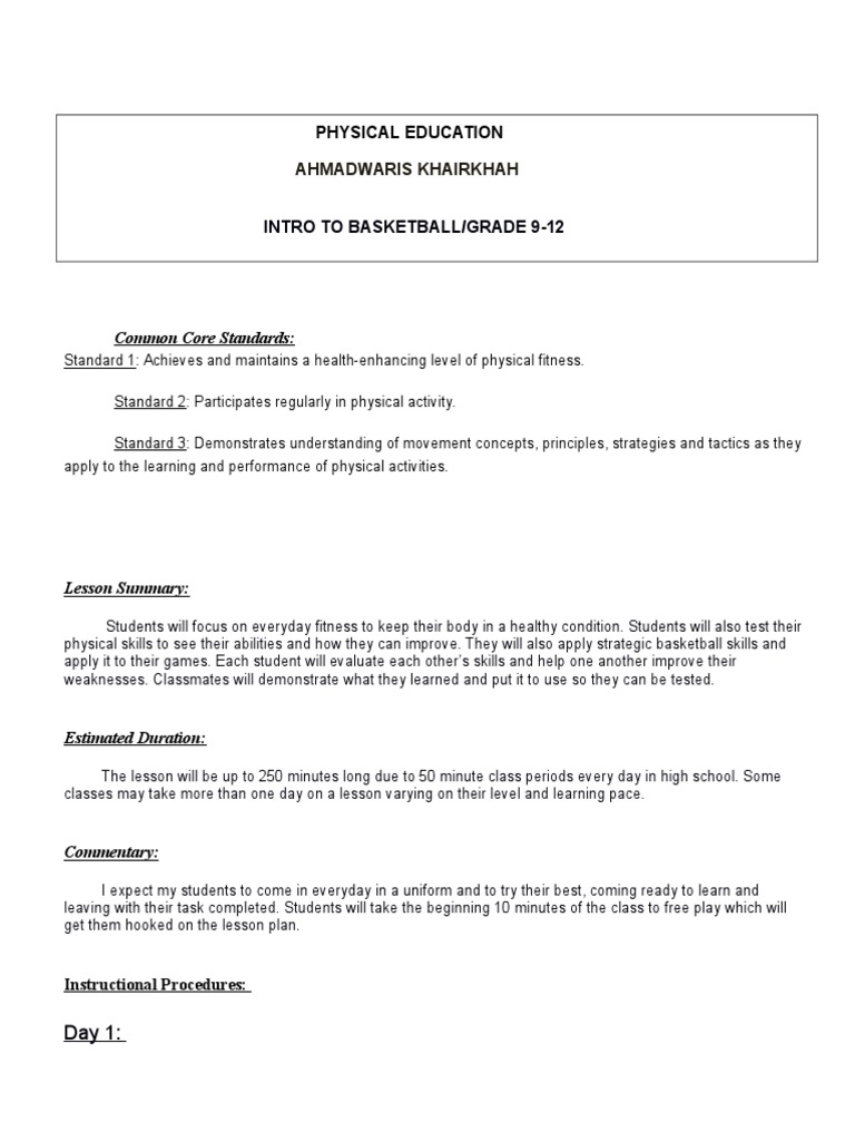 Basketball Skills Curriculum for Grades 9-12 | PDF | Physical Education ...