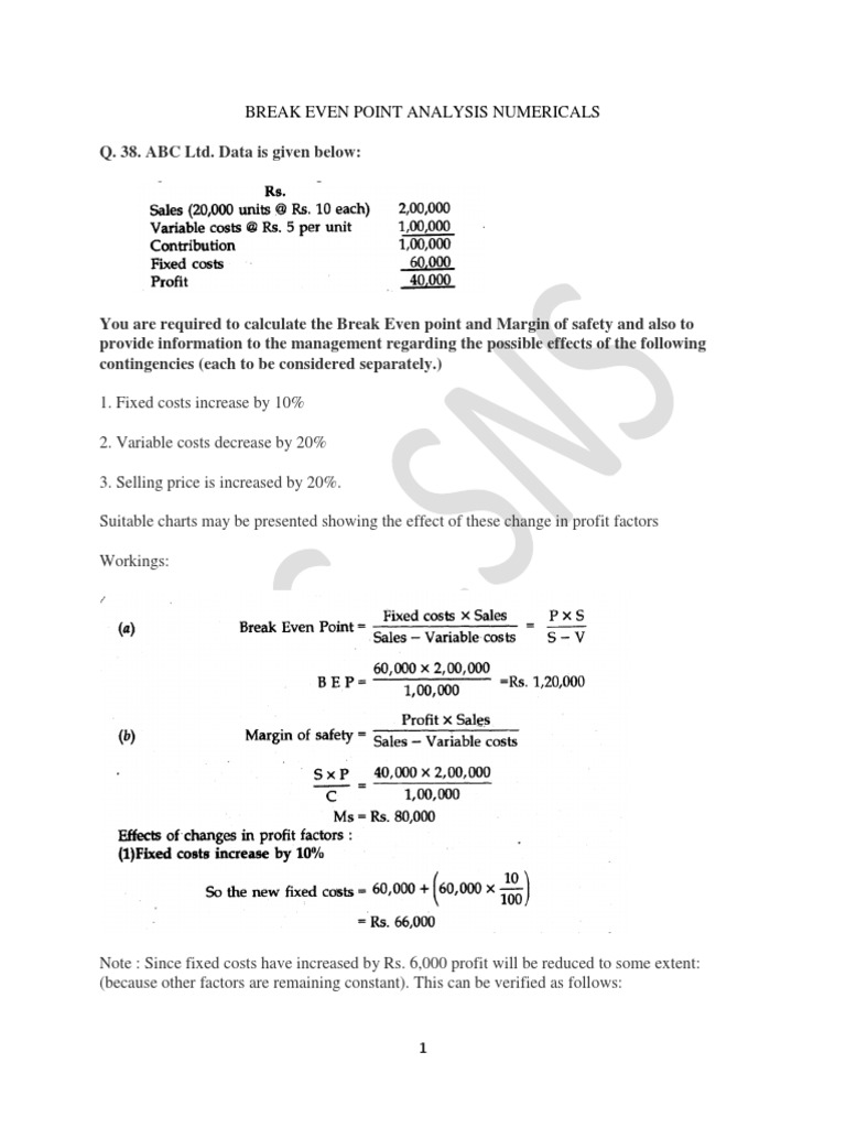 Break Even Point Analysis Numericals Download Free PDF Marketing