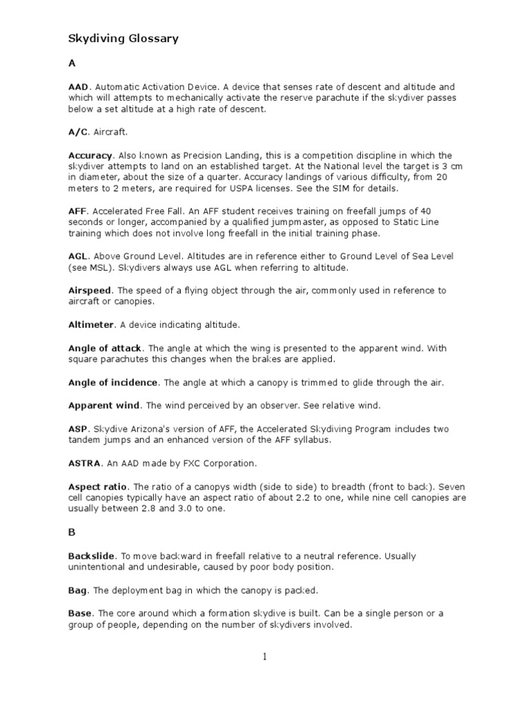 Skydiving Glossary PDF Parachuting Parachute