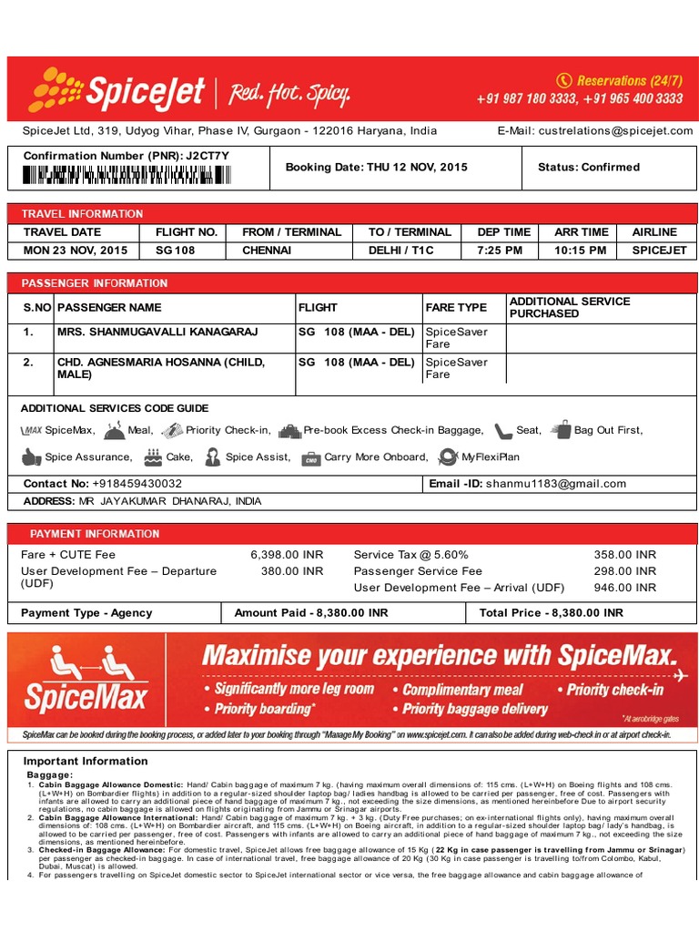Spicejet e ticket pnr j2ct7y 23 nov 2015 chennai delhi for mrs