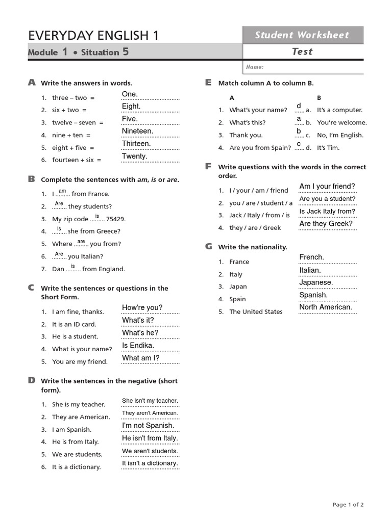 Everyday English 1 Module 1 Test Communication