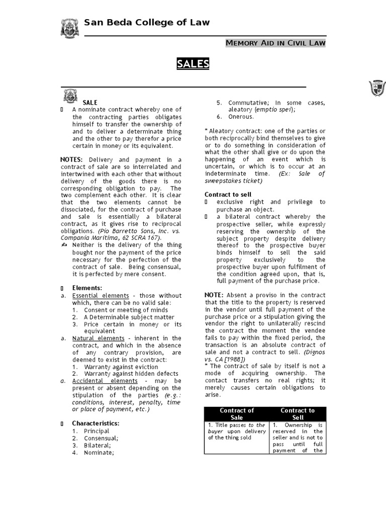 Civil Law Sales: Contracts Explained | PDF | Offer And Acceptance ...