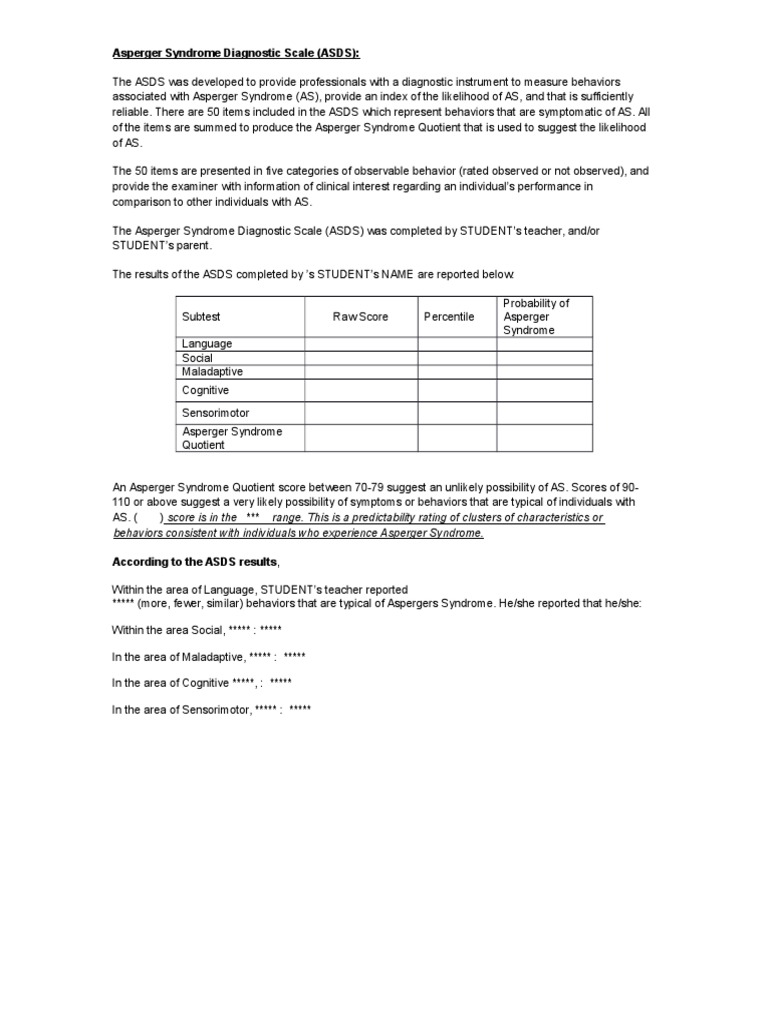 Asperger Syndrome Diagnostic Scale Overview | PDF