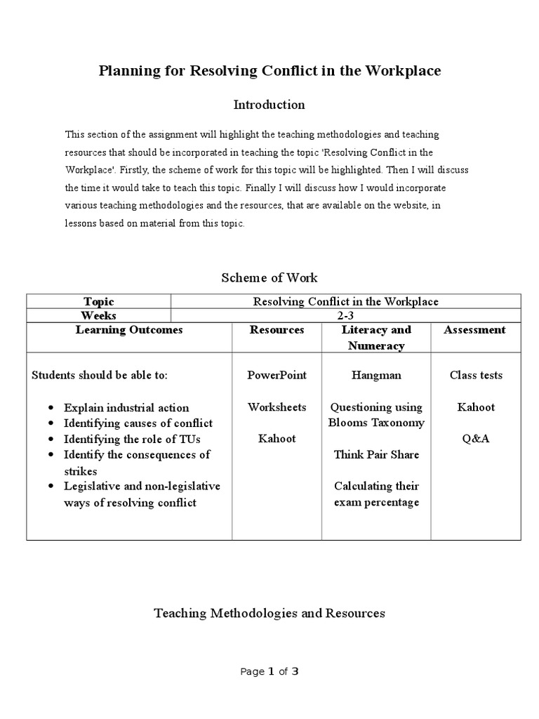 planning for resolving conflict in the workplace final draft