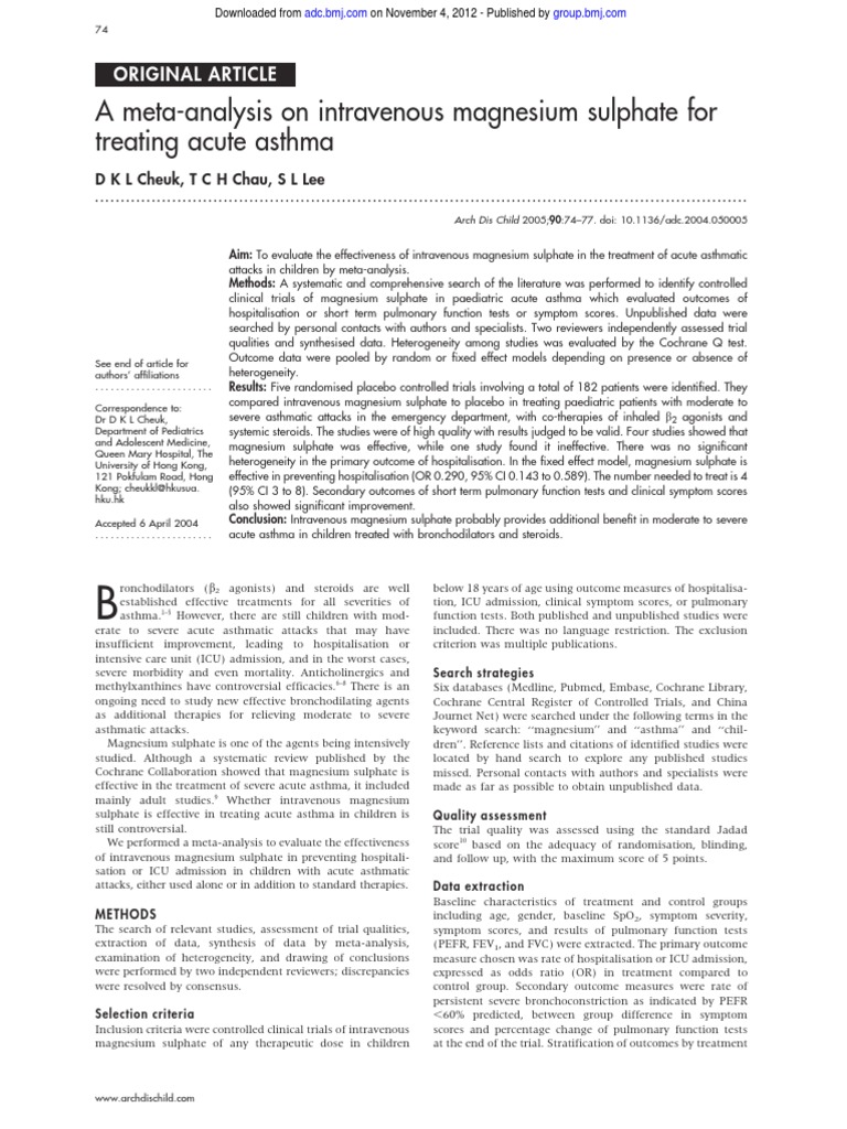 A MetaAnalysis On Intravenous Magnesium Sulphate For Treating Acute