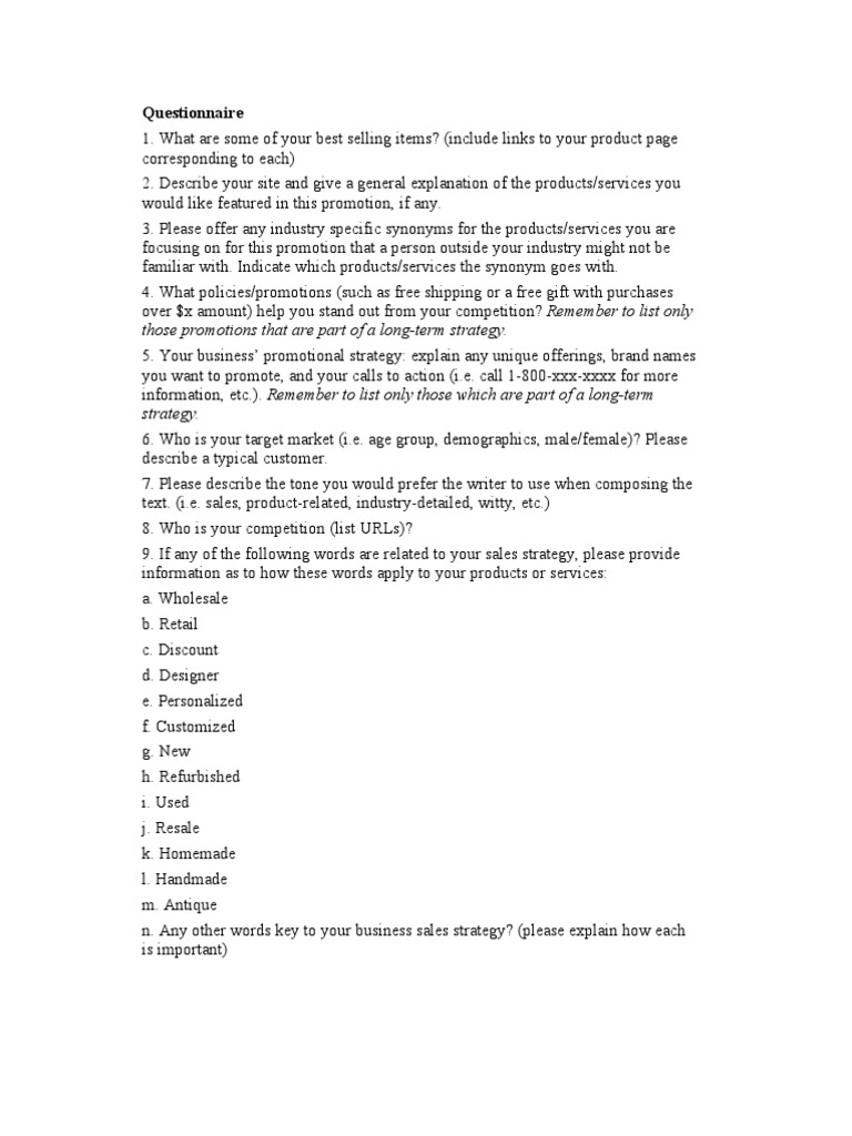 Product Promotion Strategy Questionnaire | PDF