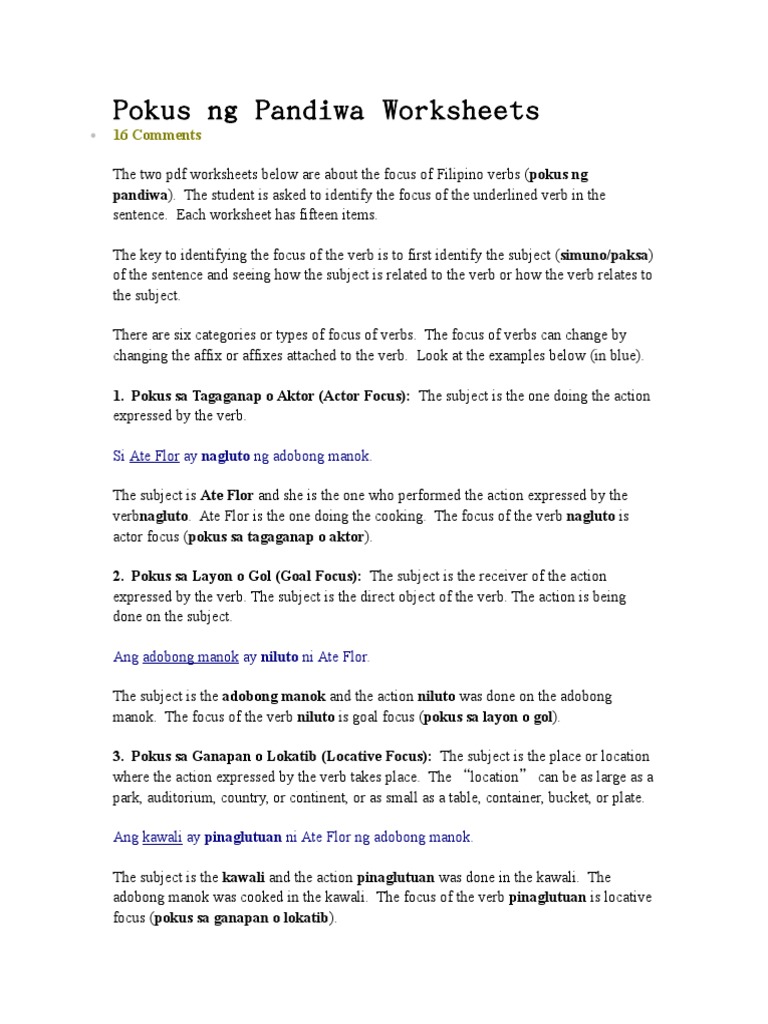 Pokus Ng Pandiwa Worksheets Doc Predicate Grammar Verb