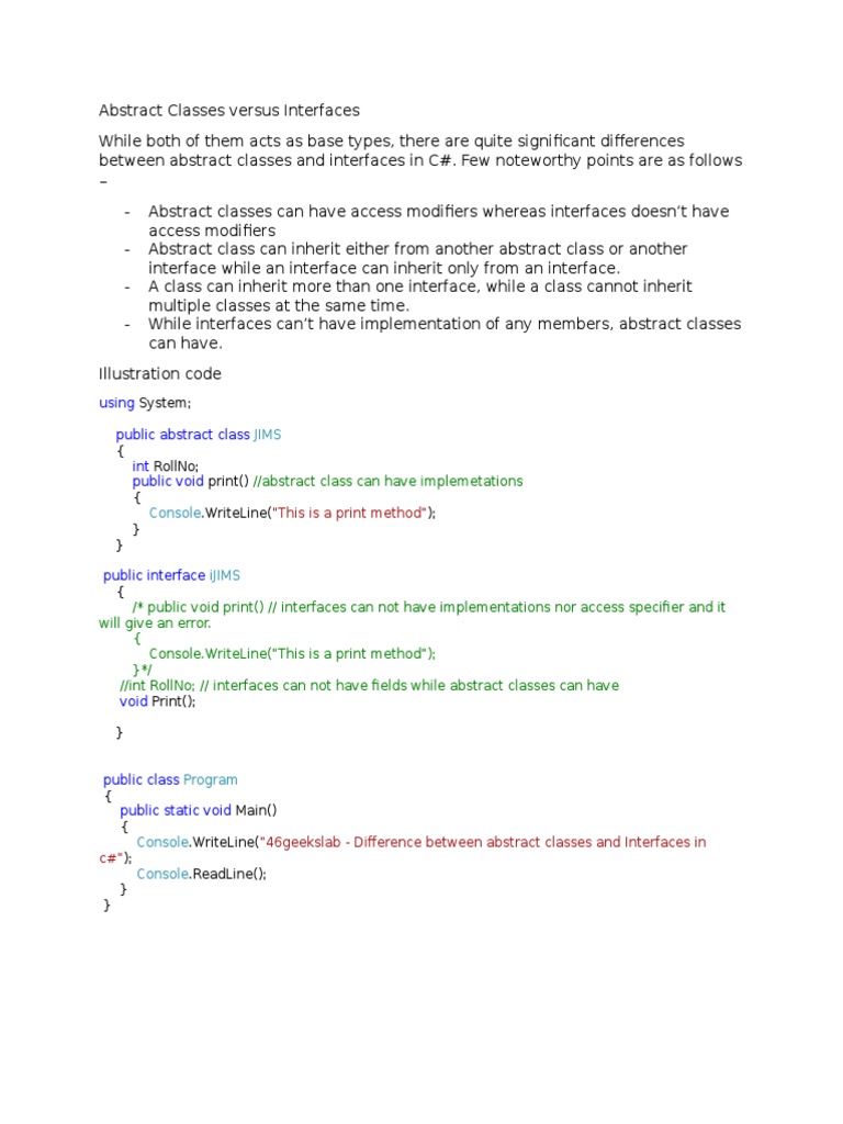 Abstract Classes vs Interfaces in C# | PDF | Art | Computers