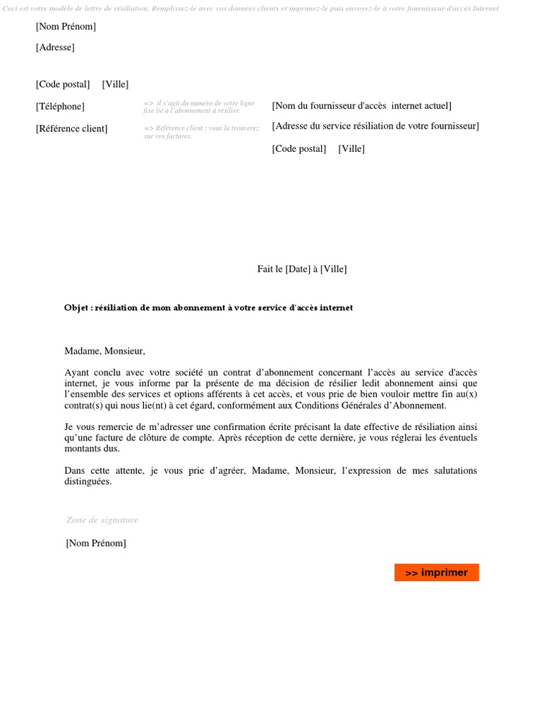 lettre résiliation internet free