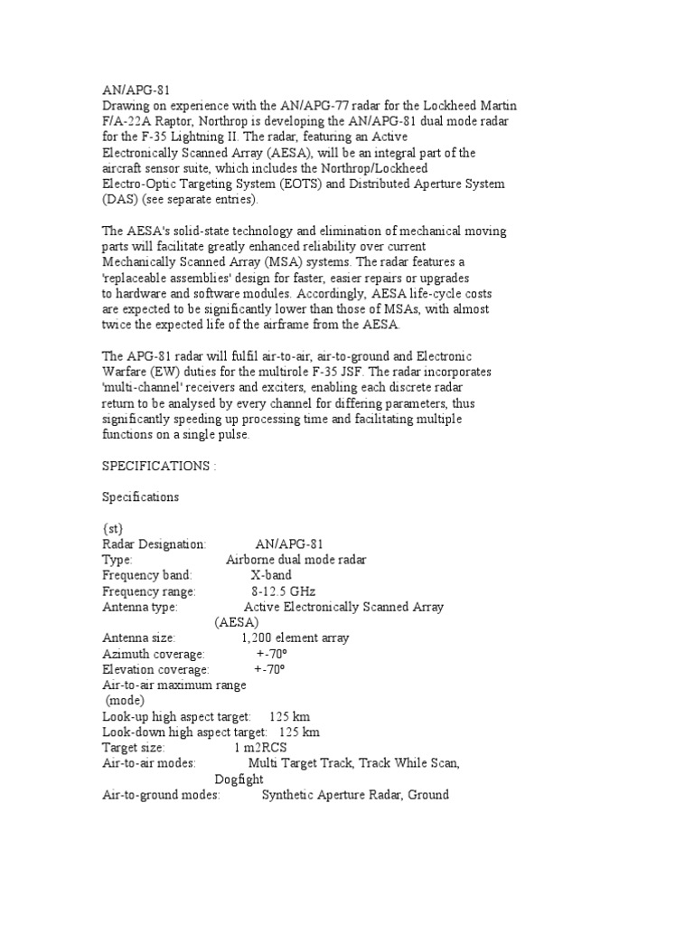 AN/APG-81 Radar Specifications and Features | PDF | Lockheed Martin F ...
