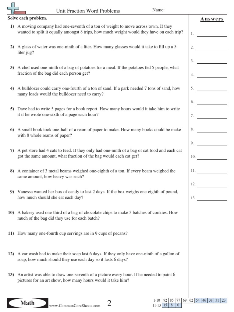 Unit Fraction Word Problems with Answers | PDF | Foods | Nature
