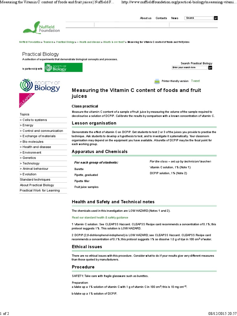 Measuring The Vitamin C Content of Foods and Fruit Juices Nuffield