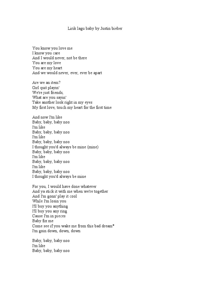 Lirik Lagu Baby By Justin Bieber Pdf