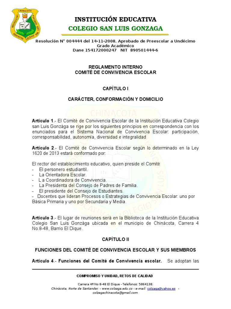 Reglamento del Comité de Convivencia Escolar | PDF | Educación de la ...