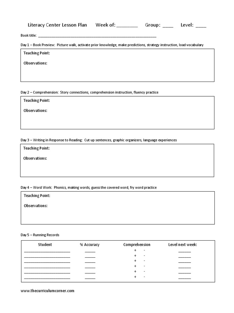 Literacy Center Weekly Lesson Plan | PDF