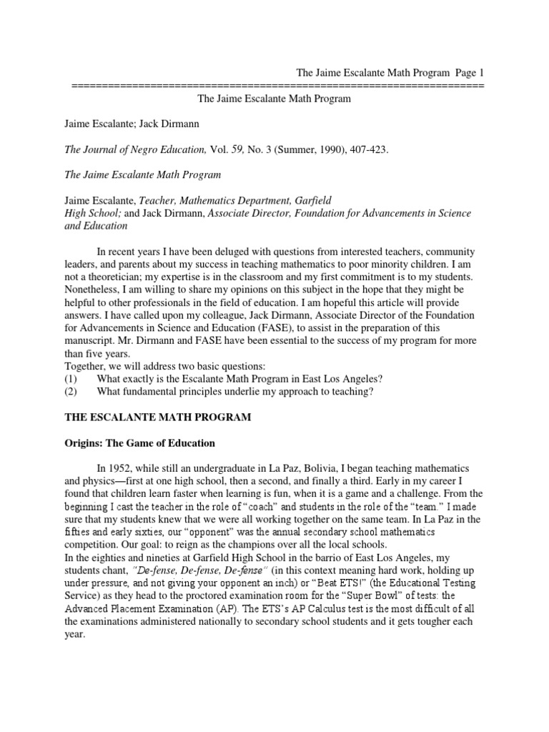 Jaime Escalante How To Teach Math 071609 | PDF | Advanced Placement ...