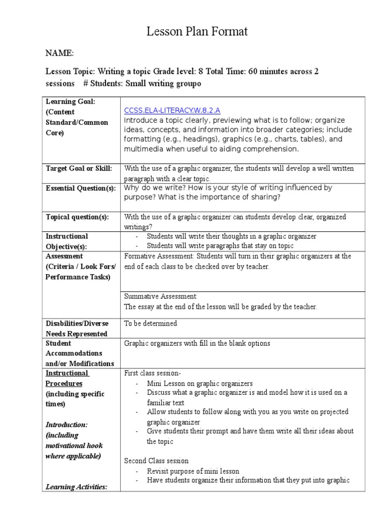 Graphic Organizer Lesson Plan 1 Lesson Plan Educational Assessment