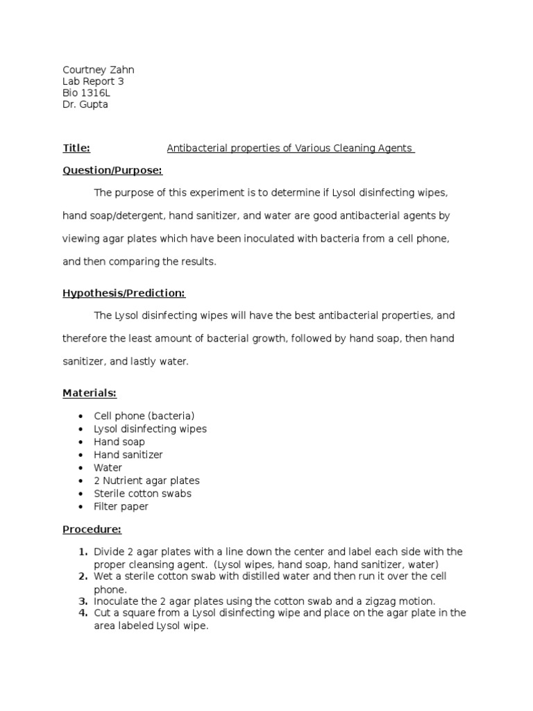 lab report 3 Disinfectant Bacteria