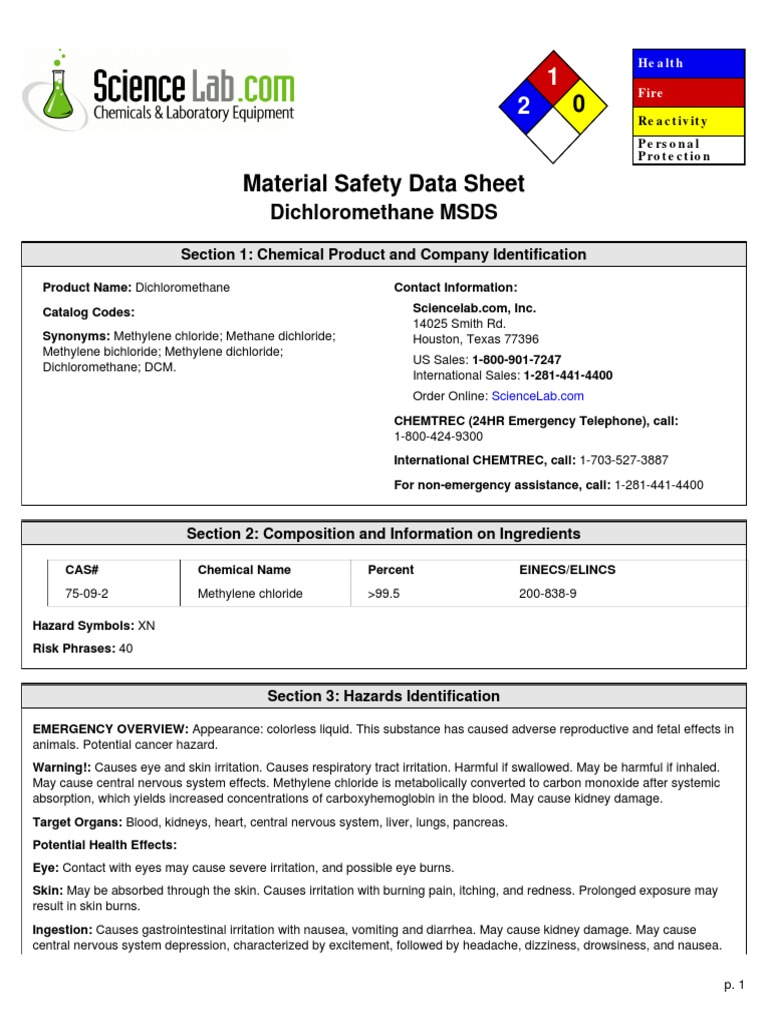 MSDS Dichloromethane | PDF | Chemistry | Chemicals