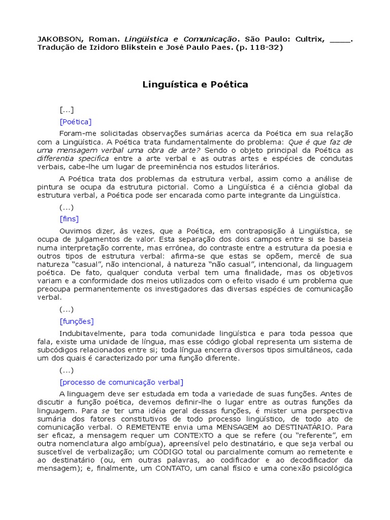 Resenha Crtica Do Texto Lingustica E Potica De Roman
