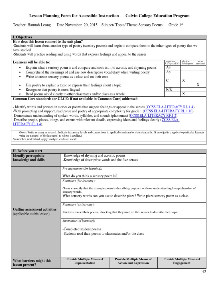 Sensory Poetry Lesson Plan for Kids | PDF | Perception | Reading ...