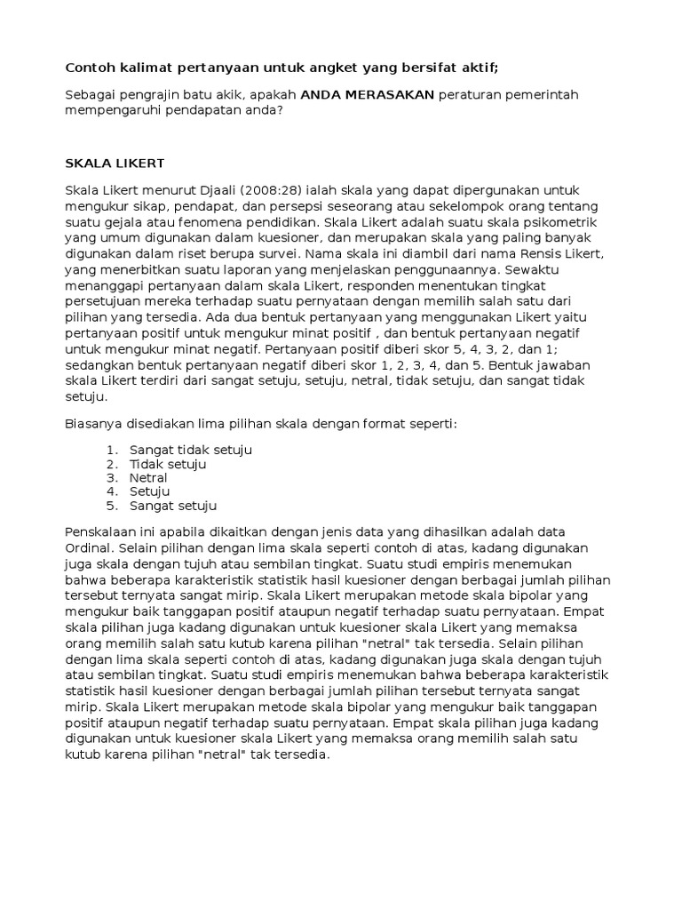 Contoh Kalimat Pertanyaan Untuk Angket Yang Bersifat Aktif
