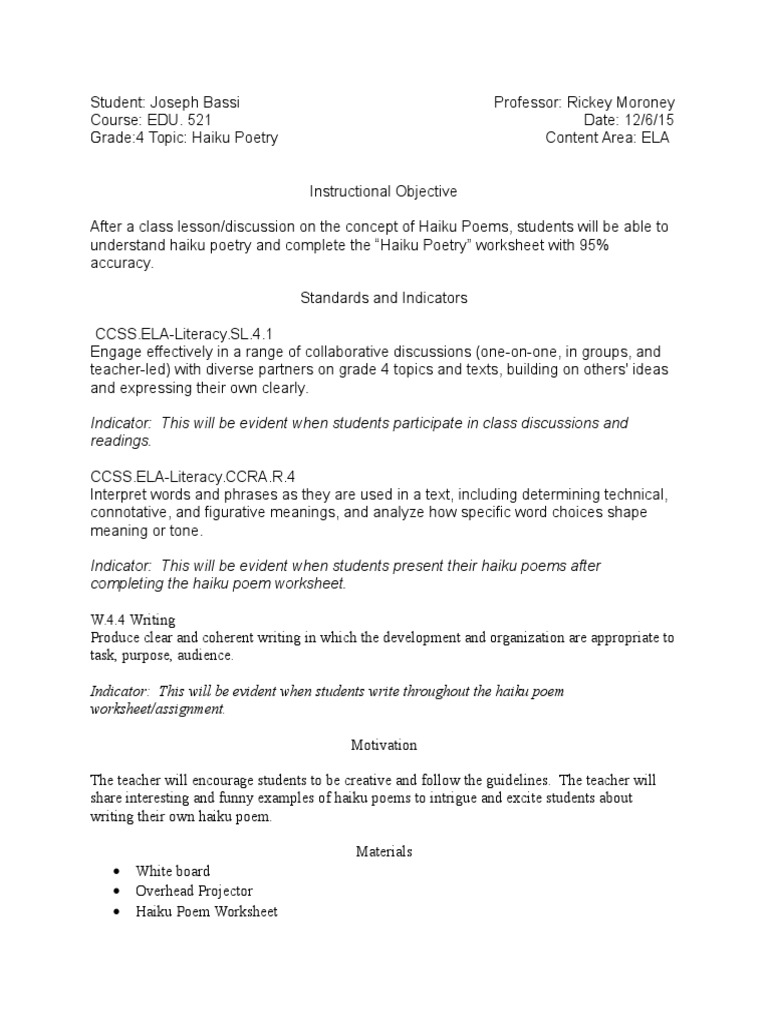 worksheet Haiku Worksheet moroney lesson plan poetry haiku