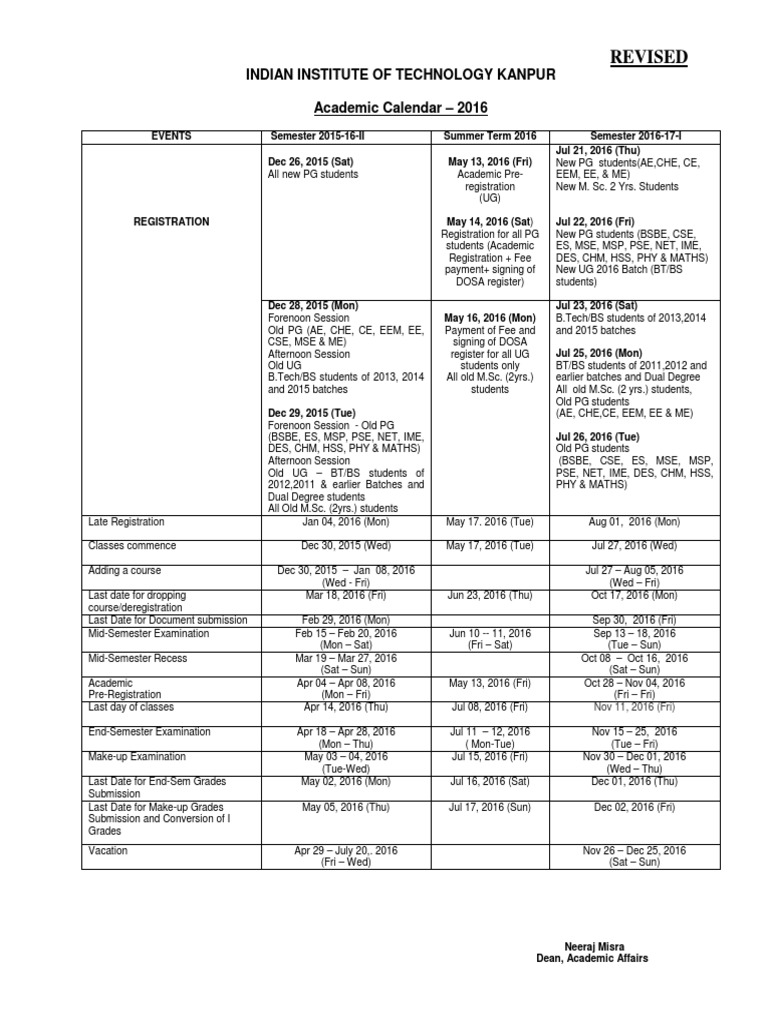 Revised Indian Institute of Technology Kanpur Academic Calendar 2016