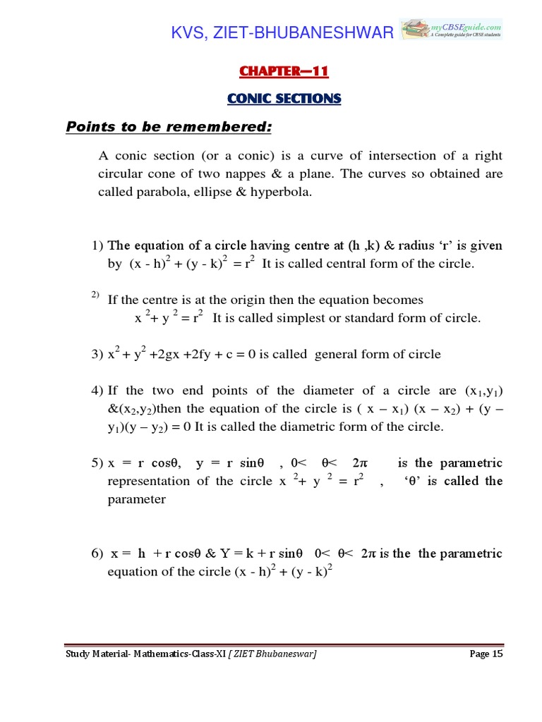 Class XI Math: Conic Sections Guide | PDF