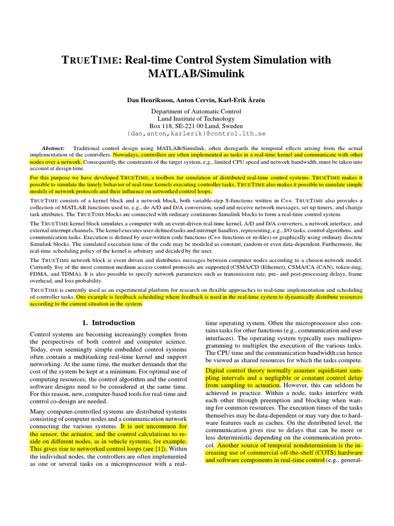 TRUETIME: Real-Time Control Simulation | PDF | Scheduling (Computing ...