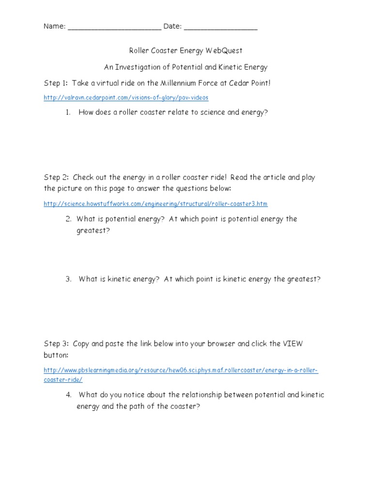 Roller Coaster Energy Webquest Physics Energy And Resource