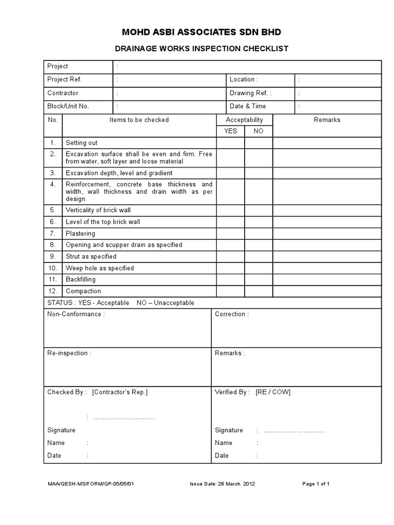 Drainage Works Inspection Checklist | PDF