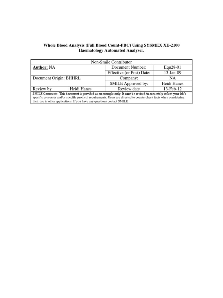 Equ28-01 Sysmex XE2100 Op SOP | White Blood Cell | Cytometry