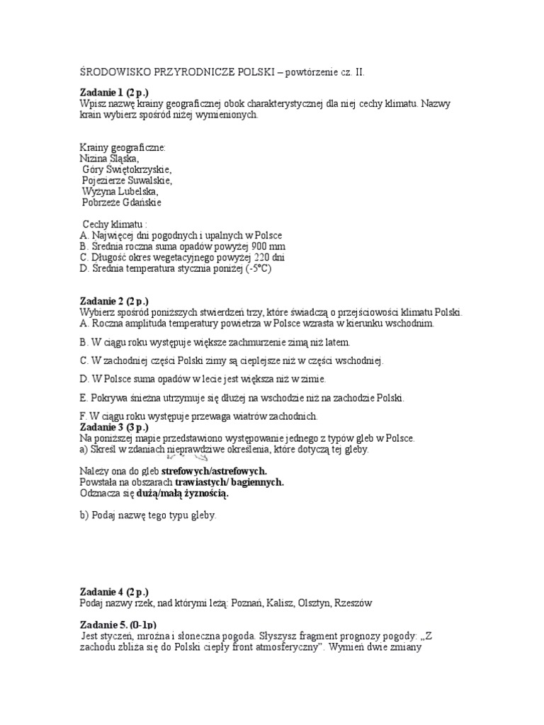 Sprawdzian Geografia Klasa 7 środowisko Przyrodnicze Polski Część 2 Środowisko Przyrodnicze Polski Cz. II