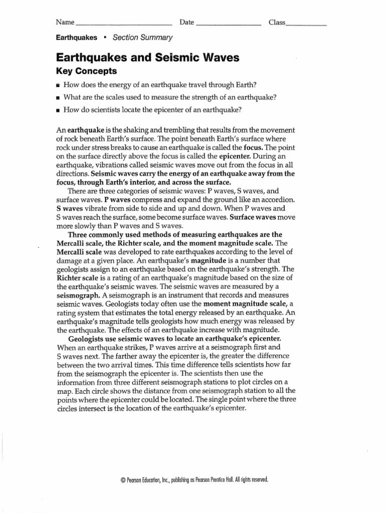 Earthquakes Seismic Waves Worksheet