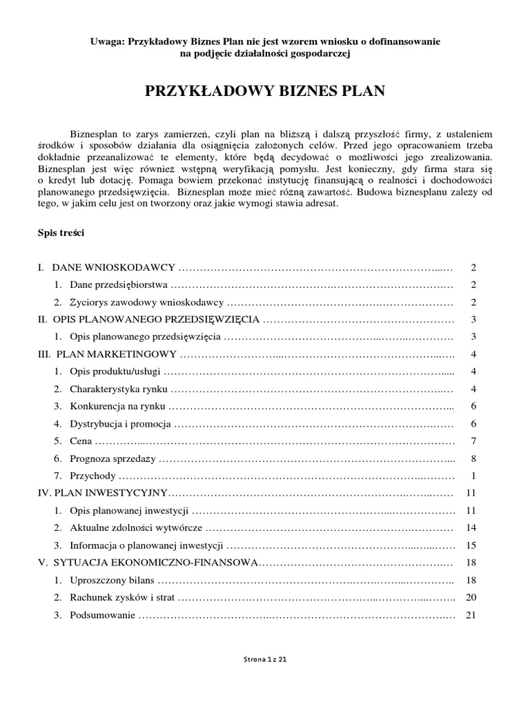 Biznes Plan Praca Licencjacka Spis Treści