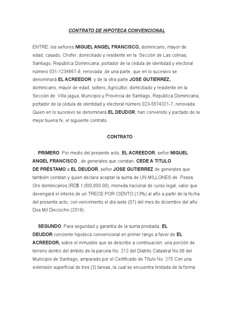 Contrato de Hipoteca Convencional República Dominicana Gobierno Prueba gratuita de 30 días