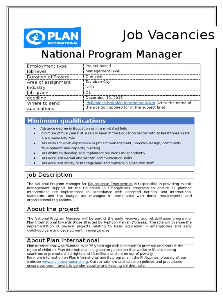 Job Advertisement - National Program Manager | PDF