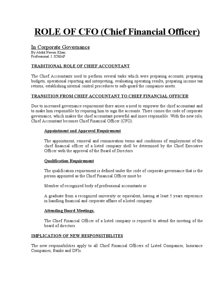 CFO's Evolving Role in Governance | PDF | Chief Financial Officer ...
