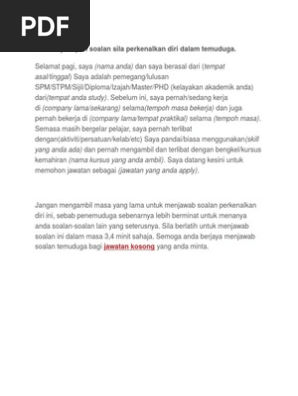 Contoh Jawapan Soalan Sila Perkenalkan Diri Dalam Temuduga Pdf