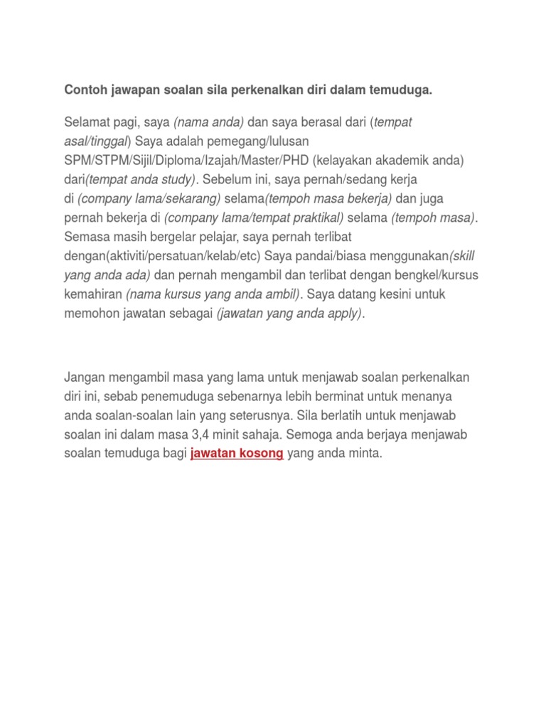 Contoh Jawapan Soalan Sila Perkenalkan Diri Dalam Temuduga Pdf