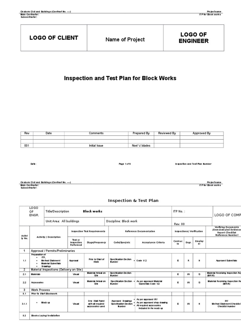 Inspection Test plan Specification (Technical Standard) Building