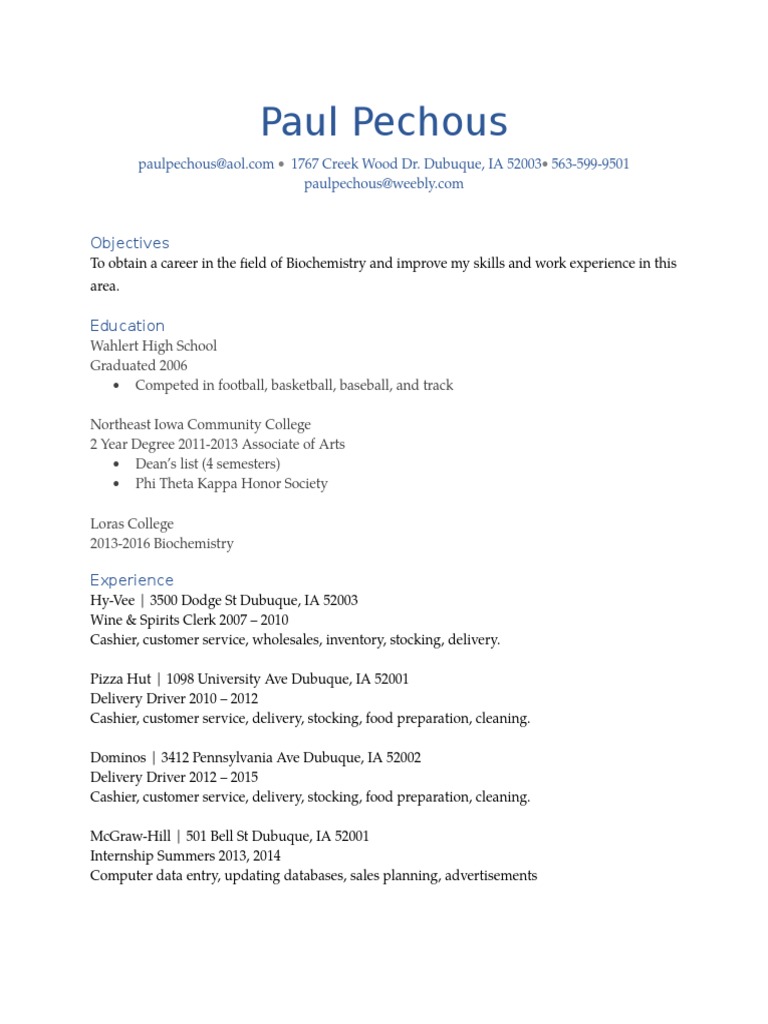 Biochemistry Career Resume of Paul Pechous | PDF | Career & Growth