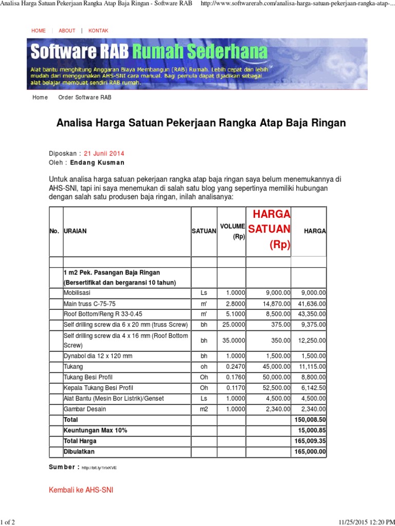  Analisa  Harga Satuan Pekerjaan  Rangka Atap  Baja  Ringan  