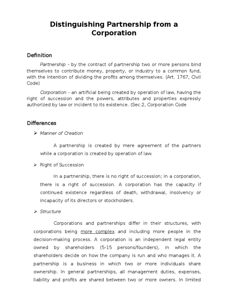 Differences Between A Partnership and Corporation | PDF | Partnership