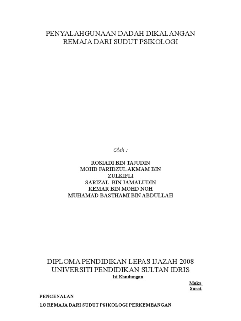 PENYALAHGUNAAN DADAH DIKALANGAN REMAJA DARI SUDUT PSIKOLOGI